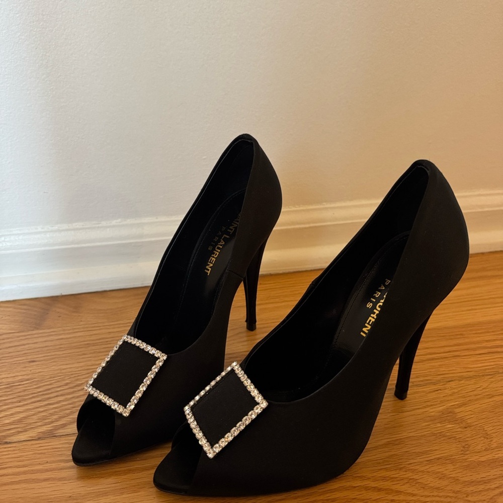 Saint Laurent Black Satin Peep-Toe Pumps with Crystal Square Buckle